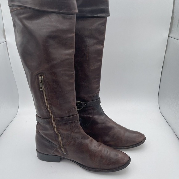 Frye Tall‎ Knee High Riding Boots Women's Size 8 Brown Leather Buckle Side Zip - Picture 1 of 11